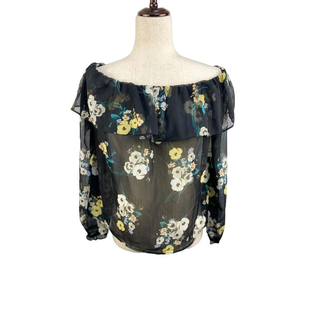 NEW ANA Black Floral Sheer Convertible Over Blouse Size S